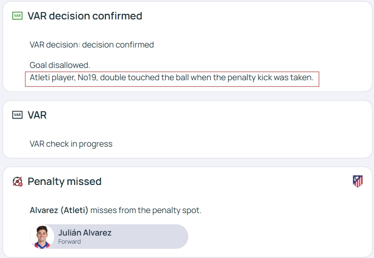官方明確！歐冠官網(wǎng)：阿爾瓦雷斯罰點(diǎn)時2次觸球，VAR決定進(jìn)球無效